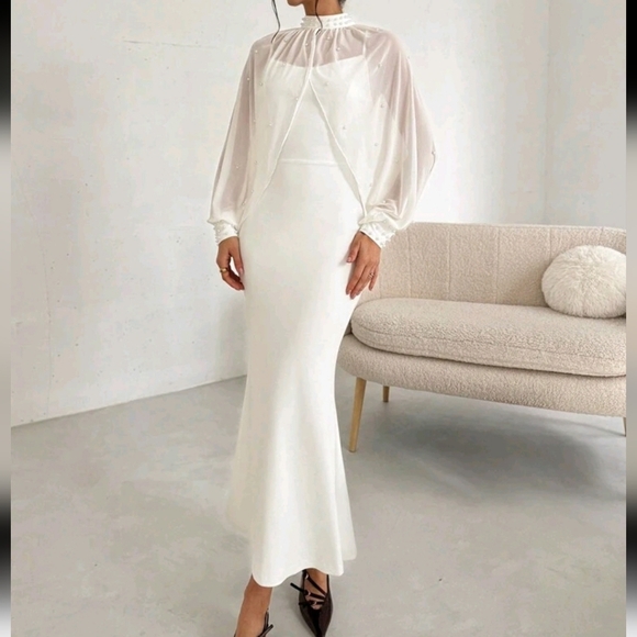 Women Elegant Minimalist Exquisite Romantic Charming Pearl Mesh Long Sleeve Dres - Picture 1 of 5
